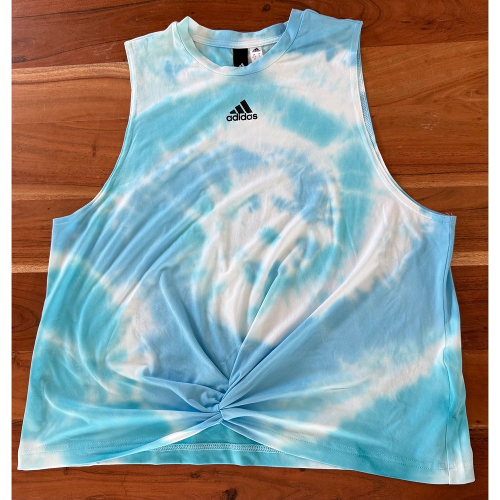 Adidas Womens XL Blue White Tie Dye Twist Front Sleeveless Tank Top Logo Sport